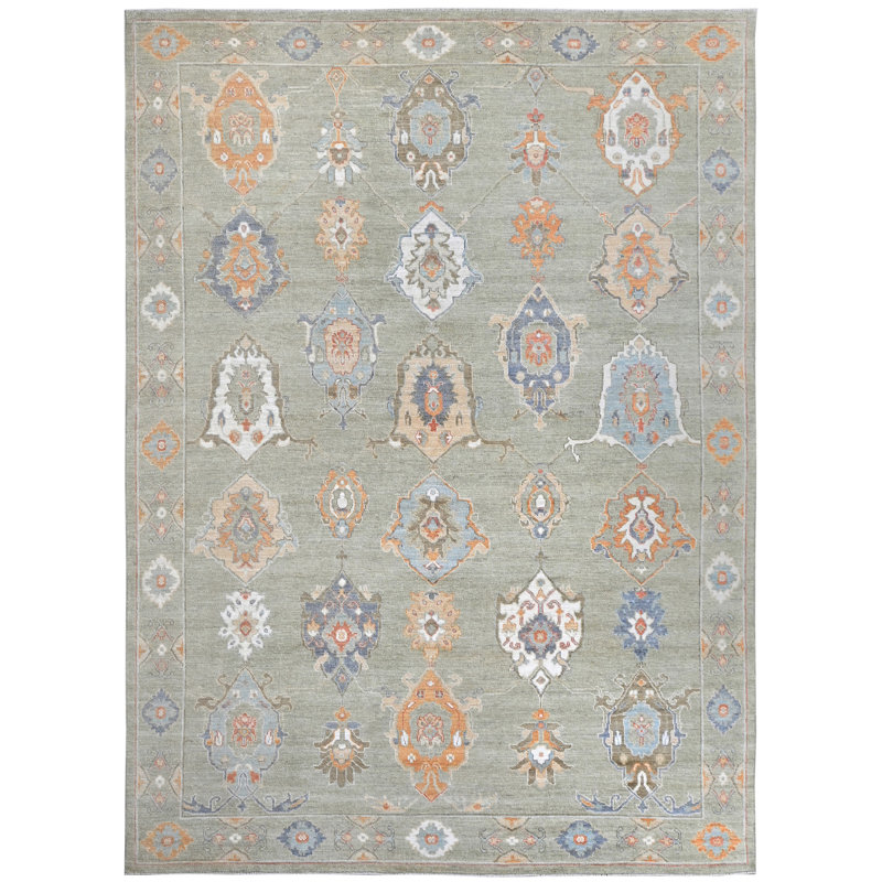 High-Quality Hand-Knotted Light Green Area Rug, Rectangle 10'2" x 13'9"