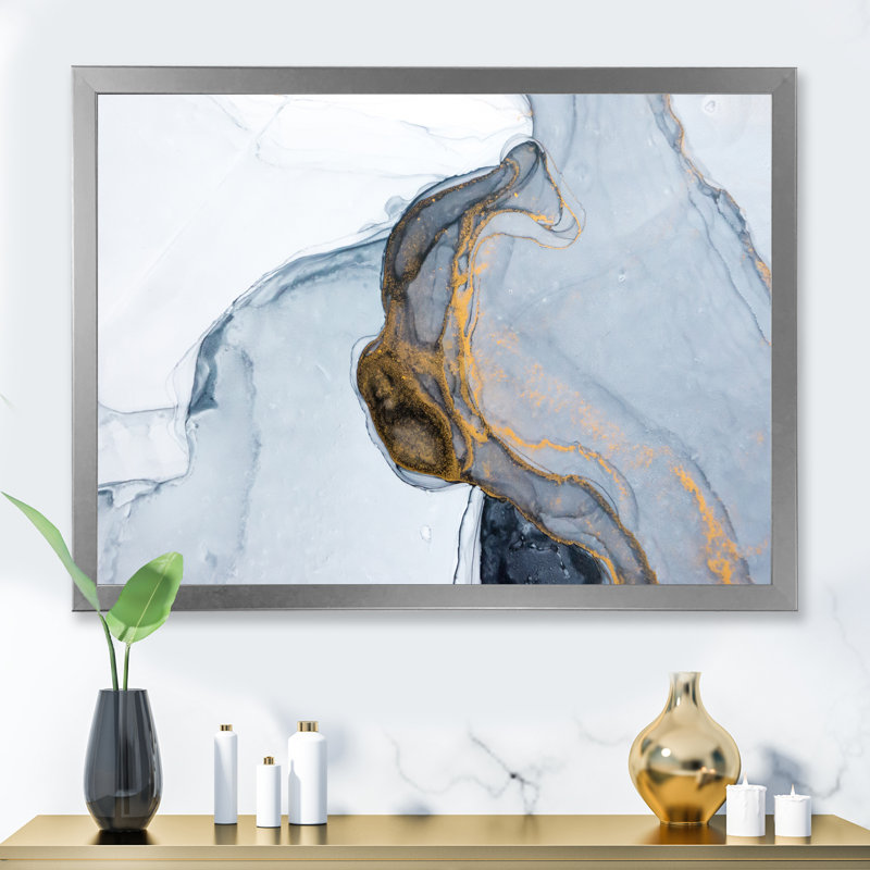 Luxe luxueux or gris marbré, art sur toile moderne, Toile argentée avec cadre photo, H 30 po x l 40 po x P 1,5 po