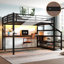 Grand lit mezzanine avec bureau et escalier de rangement, lits mezzanine en métal avec lumières DEL, ports USB, filets en fer multifonctionnels, aucune boîte à ressorts requise et silencieux, noir