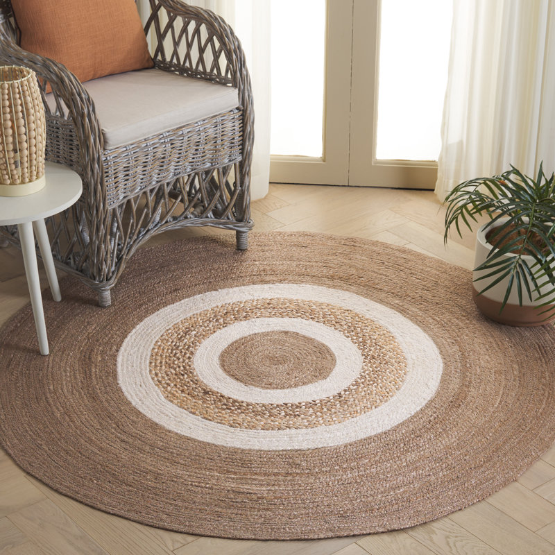 Natural Fiber Handwoven Jute Geometric Rug, Round 5'