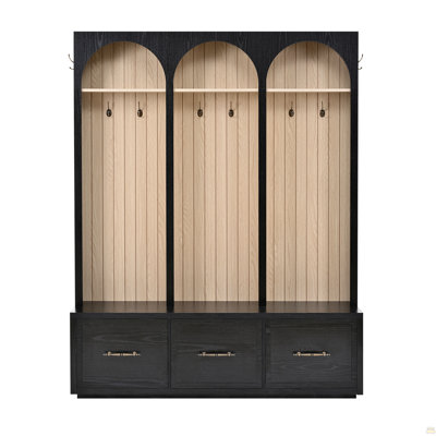 Farmhouse Wooden Style Hall Tree with Arched Design, Elegant Entryway Bench with Retro Hooks, Rustic Coat Rack & Shoe Organizer with Drawers