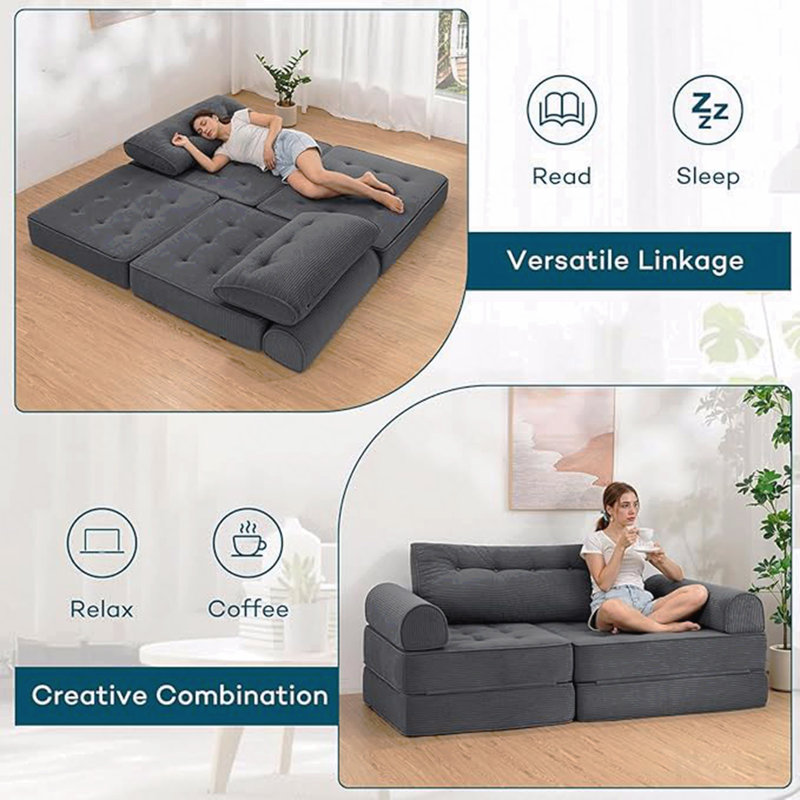 Modular Floor Couch System – Convertible Sofa Bed For Compact Living Spaces, Gray Corduroy
