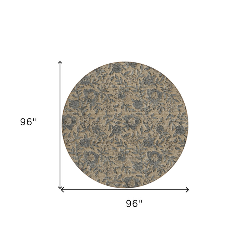 Tapis extérieur rond lavable floral kaki beige et gris 8 '