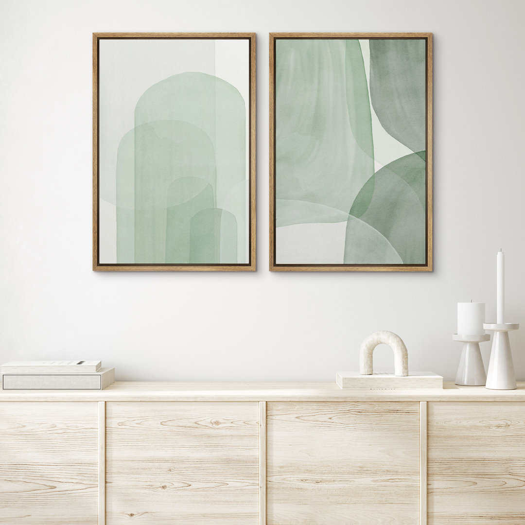 Pastel Watercolor Green Abstract Minimalist Decor - Framed Canvas Bedroom Wall Art Work Set 2 Print wall26 Frame 