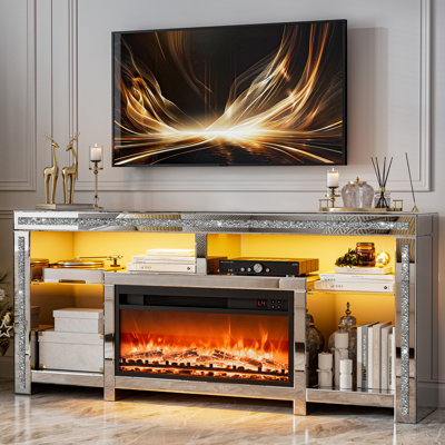 67" Mirrored TV Stand with Fireplace, Silver Modern Media Entertainment Center with LED Light, Crushed Diamonds, Open Shelves, Fits Tvs Up To 65"+