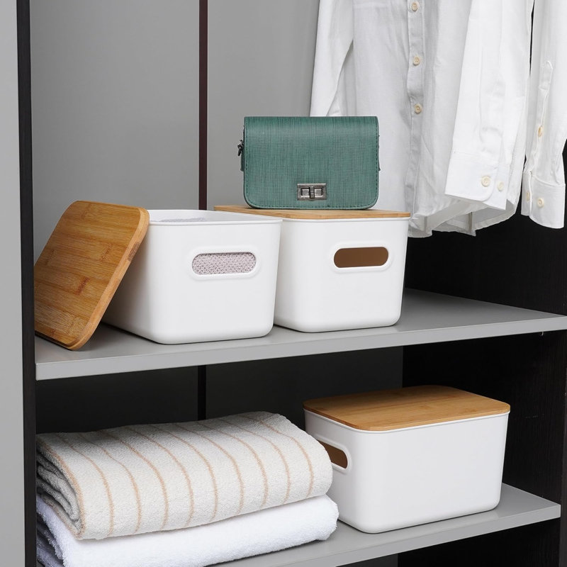4 bacs de rangement PCS avec couvercles en bambou pour ranger des boîtes de rangement empilables avec poignée, 10,23 po x 7,08 po x 6,3 po