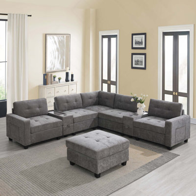 Canapé modulaire capitonné en L de 104 pouces avec repose-pieds mobile, chargeur USB et plateau de table en acrylique pour salon