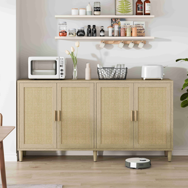 70" Rattan Buffet Cabinet With Storage, 4-Door Sideboard Buffet Cabinet With Adjustable Shelves For Kitchen, Living Room And Dining Room, Easy Assembly