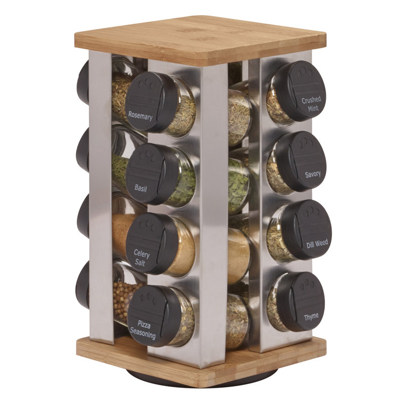 Bamboo and Stainless Steel Revolving Countertop Spice Rack with 16 Jars