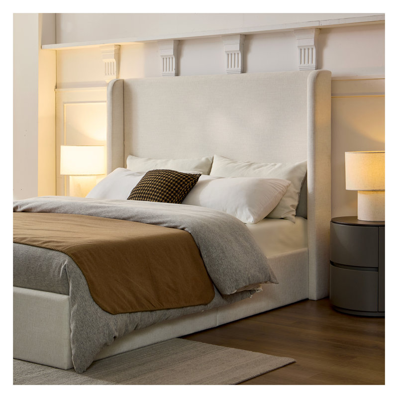 Caron King Size Upholstered Wingback Bed with 52.3'' Tall Headboard - Minimalist Ivory Chenille Fabric Bed Frame with Metal Support, Easy Assembly Modern Bedroom Furniture