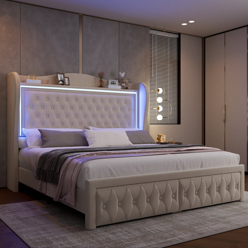 Kaliya Velvet Upholstered Wingback Platform Bed with LED Lights, Wood Bed Frame With 2 Storage Drawers, Queen, Cream