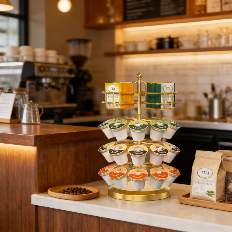 Organisateur de dosettes rotatives à 360 degrés, support de rangement en métal à 4 niveaux pouvant contenir 30 K-Cups et 48 sachets de thé, carrousel de comptoir peu encombrant pour la cuisine ou le bureau