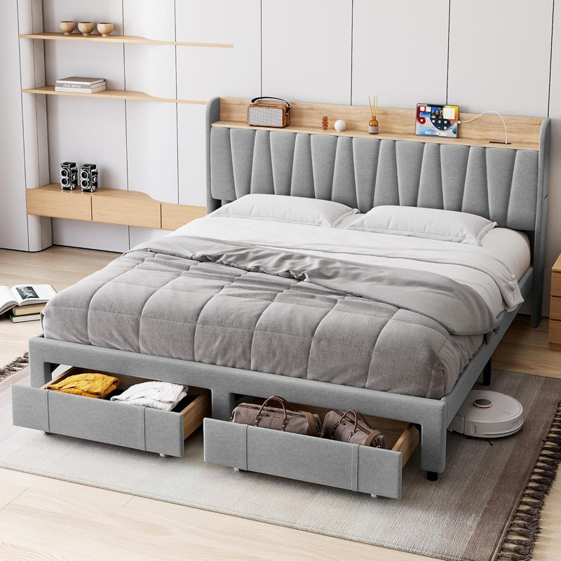 Bed Frame, Storage Headboard and Charging Station, Light Gray, Full