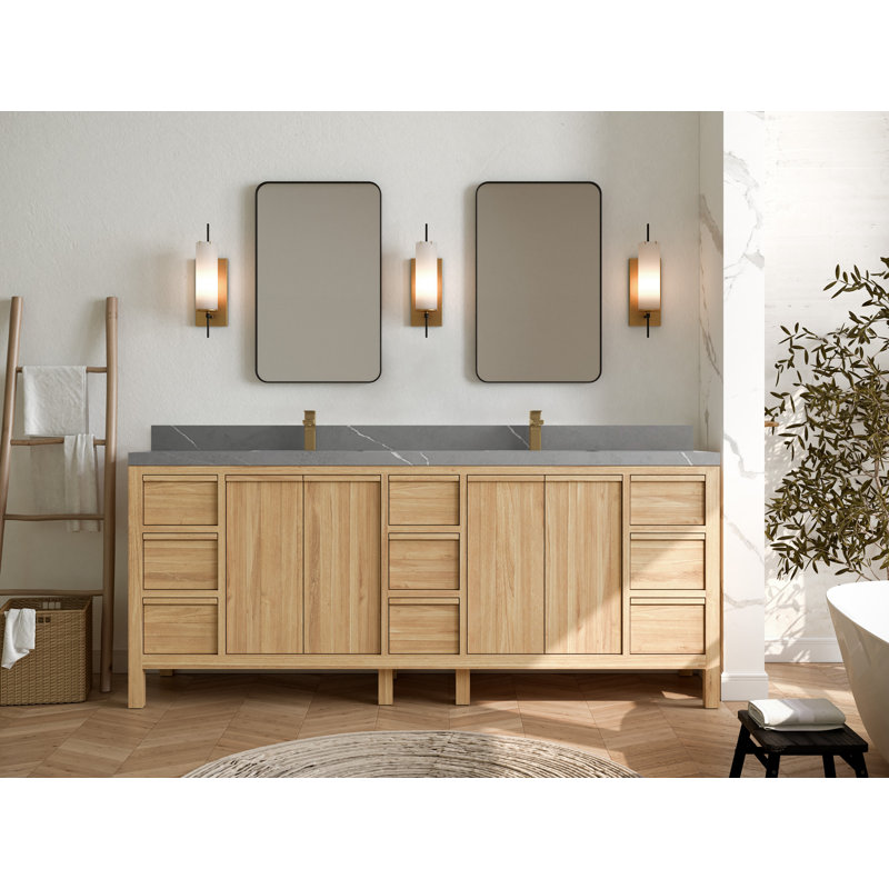 84'' Double Bathroom Vanity with Quartz Top, Light Brown, Piatra Gray