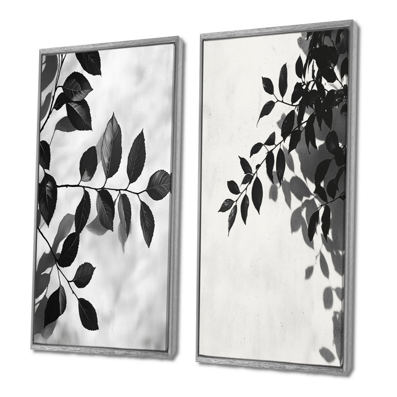 Feuilles noires, ombre silhouette I - art mural floral, collection 2 panneaux, Encadrement argenté, H 32 po x l 33 po