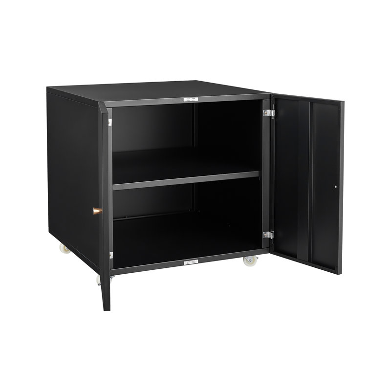 Black Metal Double-Door Printer Cabinet - 360° Lockable Casters, Crafted From Steel, Adjustable Shelves, Waterproof And Not Easy To Wear, Modern Design For Office, Home, Garage.