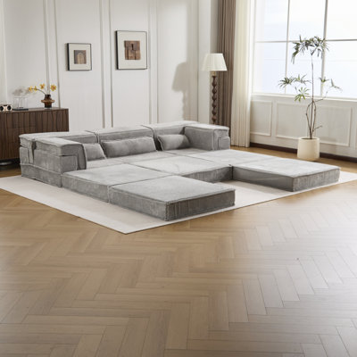 Canapé à compression Mahjong, canapé-lit convertible au sol, canapé modulaire modulaire désossé DIY, aucun assemblage requis, tissu polaire circulaire, surdimensionné à 3 places avec 1 repose-pieds, gris clair