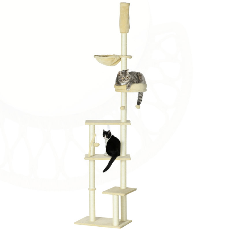 Arbre à chat réglable du sol au plafond avec hamac, lit douillet et plusieurs poteaux à griffer pour chatons actifs.