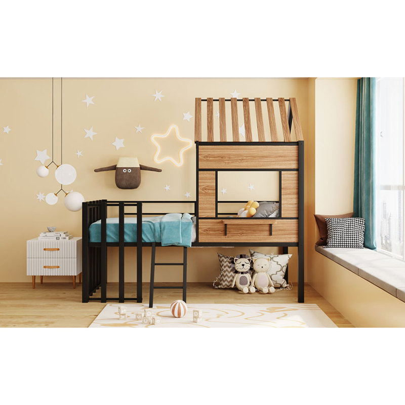 Metal  Loft Bed With Roofwindowguardrailladder