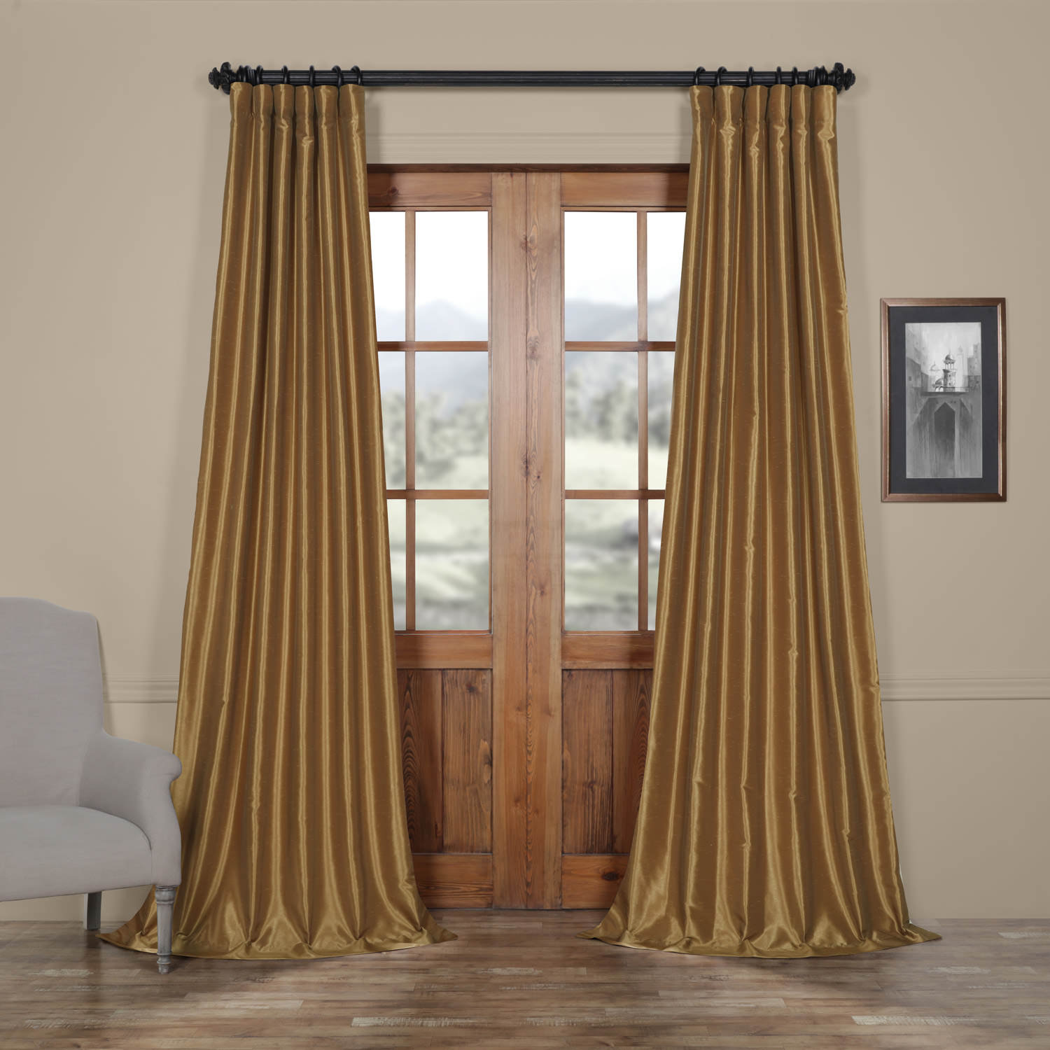 Rayne Room Darkening Faux Silk Curtain Panel, Flax Gold, 50" W x 120" L