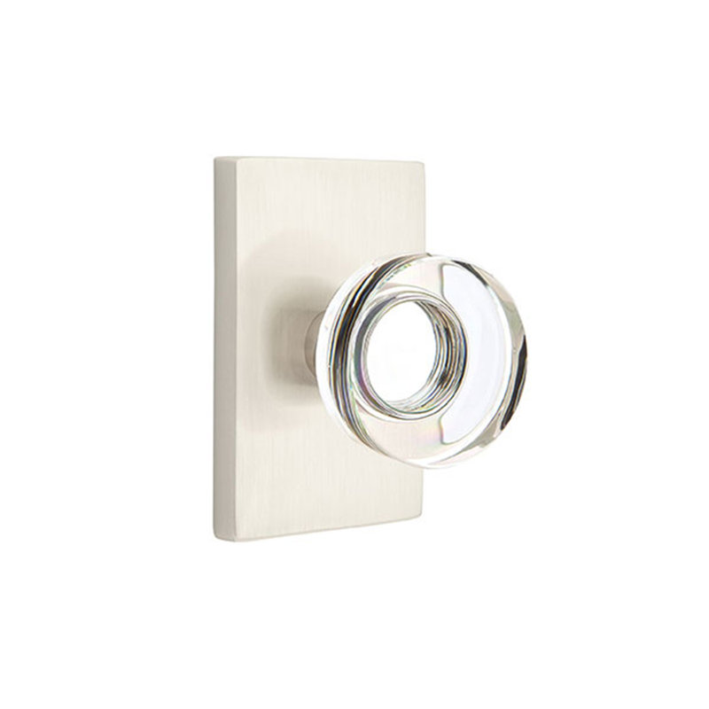 Ensemble de boutons de passage Emtek avec rosette rectangulaire moderne et poignée moderne en verre à disque, Nickel satiné