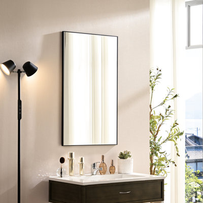 60 po. 22 po. Noir, carré, miroir de salle de bain mural, design minimaliste, cadre en aluminium, suspension à 360 degrés 60 po x 22 po, rectangle, miroir pour salle de bain, support de luxe transparent, support