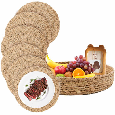 12" Round Woven Placemats Set Of 6 With 13“ Natural Storage Basket Holder