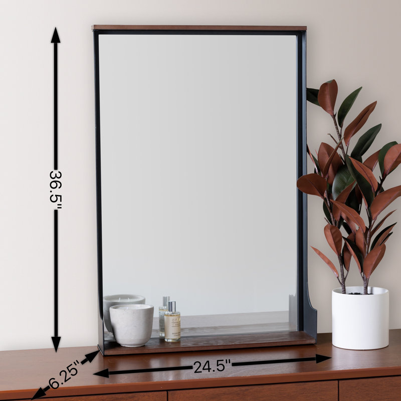 Black Metal & Dark Mahogany Wood Shelf Mirror