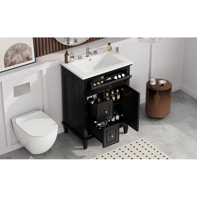 Anchorin 24" Modern Bathroom Vanity with Ceramic Sink and Solid Wood Construction, Black