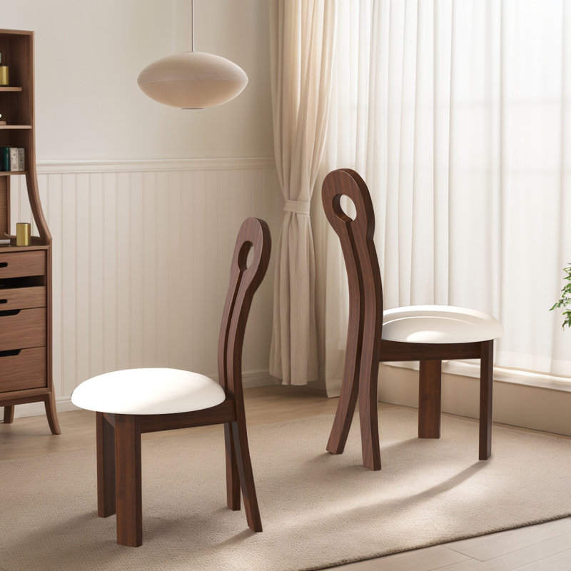 Upholstered Solid Wooden Side Chair Dining Chair (Set Of 2), Cream, Walnut