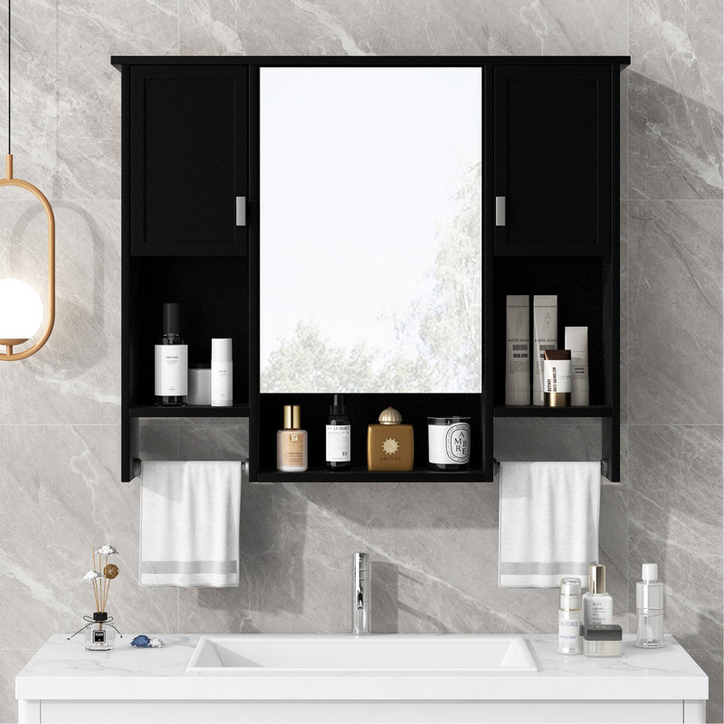 Armoire de rangement murale moderne 35 po x 28 po, armoire de salle de bain murale avec miroir, armoire à pharmacie avec barre à serviettes