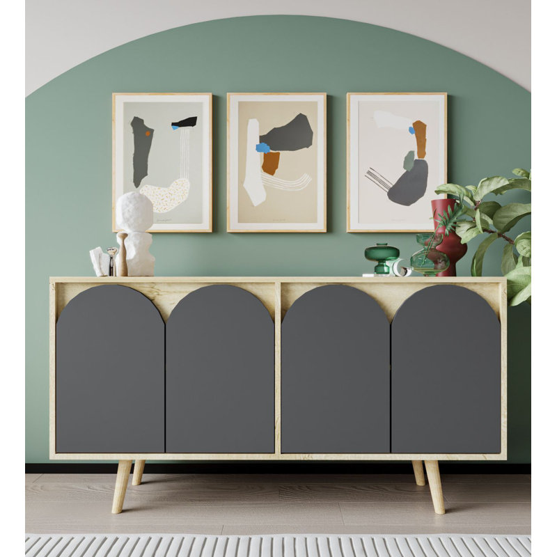 Buffet décoratif 4 portes avec pieds en bois Lilliana, Chêne saphir / gris anthracite