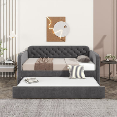 Twin Daybed With Charging And Folding Trundle - Soft Velvet Upholstery For Bedroom Dark Grey Bed Expandable Storage Comfortable Decor