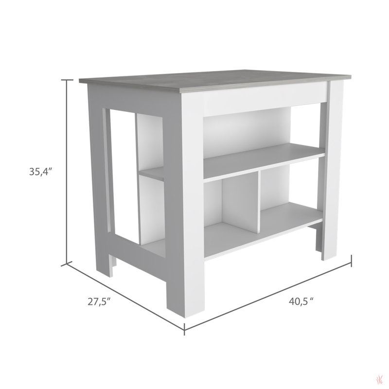 Îlot de cuisine, quatre pieds, trois tablettes, Gris clair, Blanc