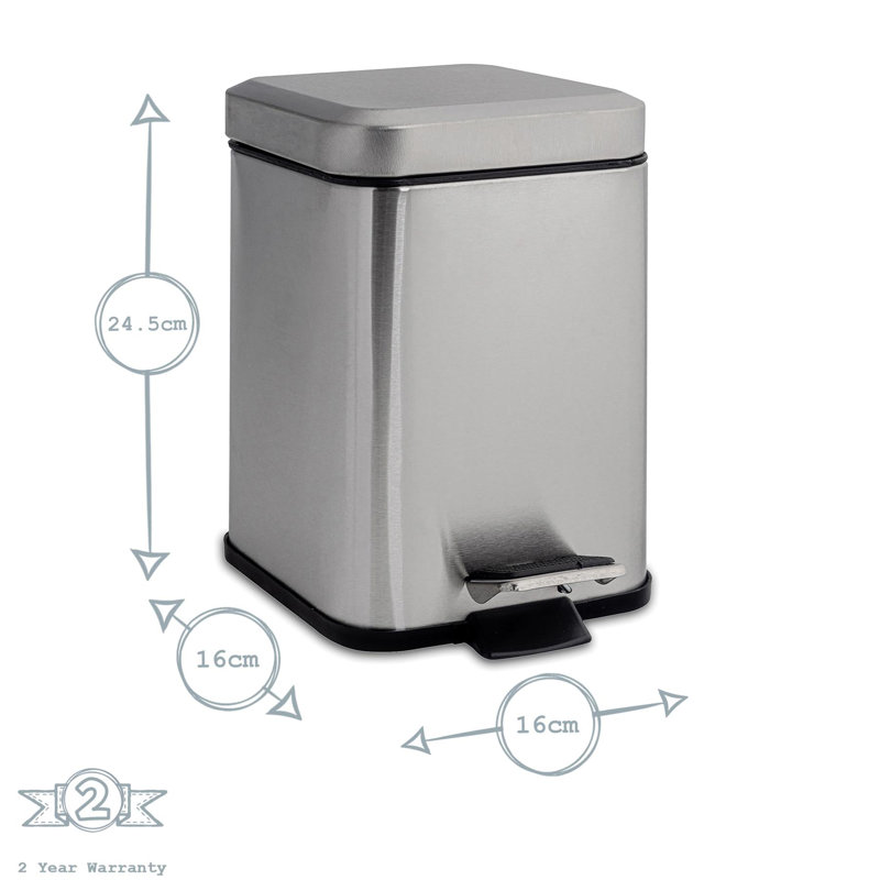 Harbour Housewares 3L Square Bathroom Pedal Bin, Brushed