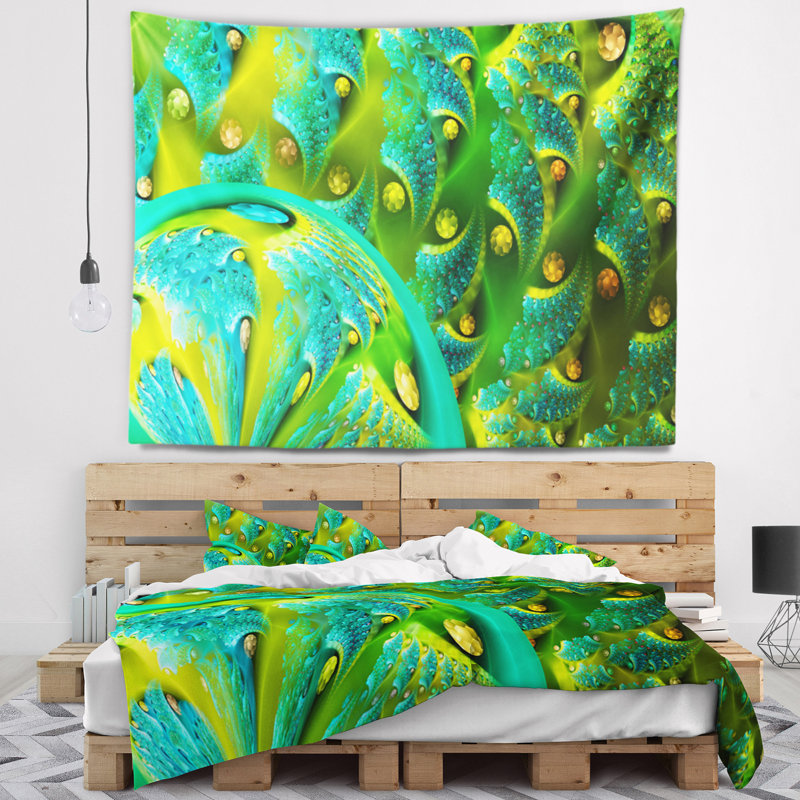 Tapisserie abstraite à motif floral fractal vert éclatant, H 32 po x l 39 po