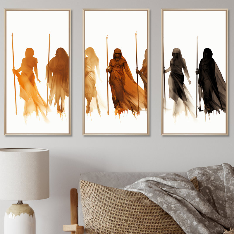 «Orange African Somali Nomadic Tales II» - art mural tribal africain, Cadre flottant brun, H 40 po x l 60 po