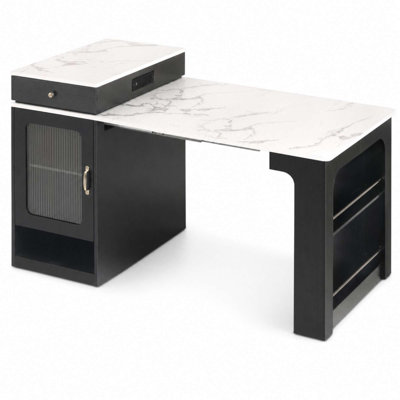 59.5" Kitchen Island with Extendable Dining Table, Power Outlet, 2 Drawers, Glass-Door Cabinet and Double-Sided Storage