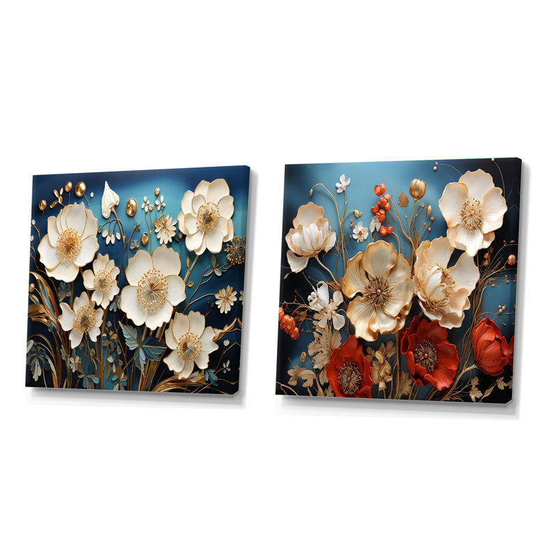 Souvenirs de coquelicots Souvenirs de fleurs - Ensemble de 2 collages floraux carrés, Toile tendue, H 16 po x l 33 po