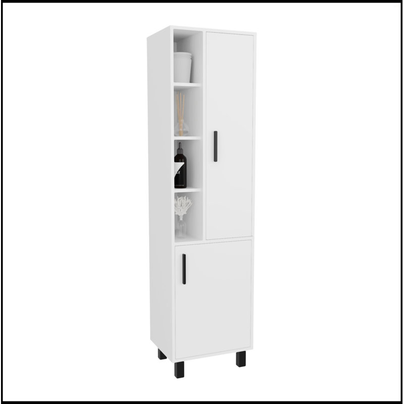 White Linen Cabinet With Open Storage And 2 Doors