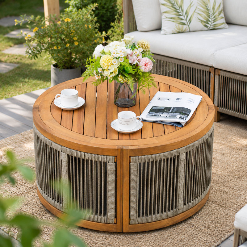 Table basse ronde d'extérieur en acacia, H 16,14 po x l 31,5 po x P 31,5 po