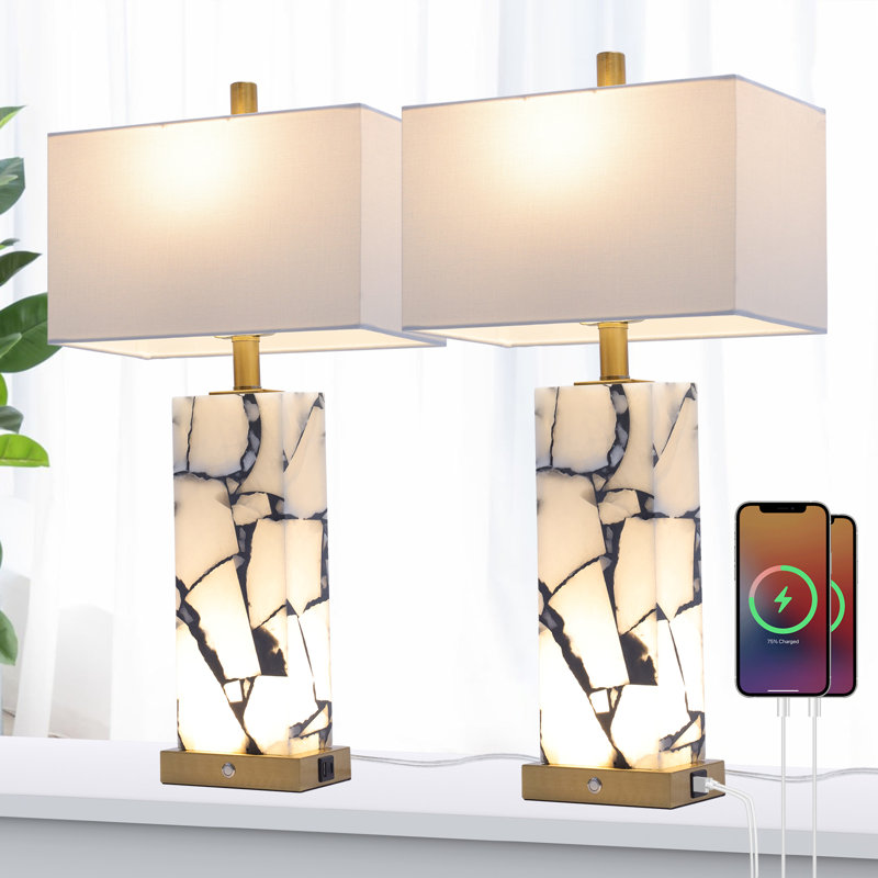 25‘’ Natural Marble Table Lamps with Nightlight, 3-Color Temperature LED Bulbs, USB Charging