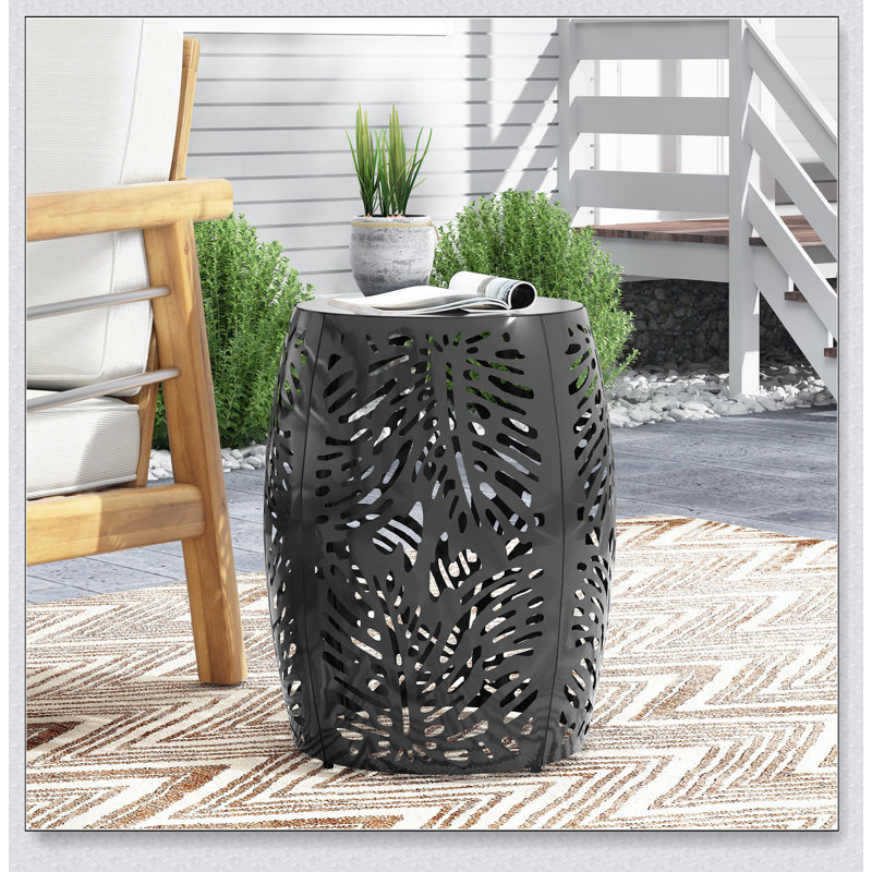 Modern Metal End Table With Tropical Palm Leaf Design, Durable And Stylish For Contemporary Living Spaces, Black