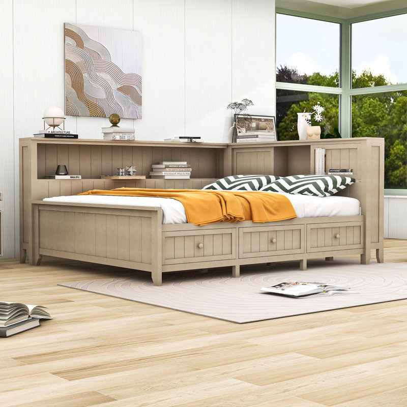 Three Drawers Daybed with Storage Shelves and Slats, Full/Double