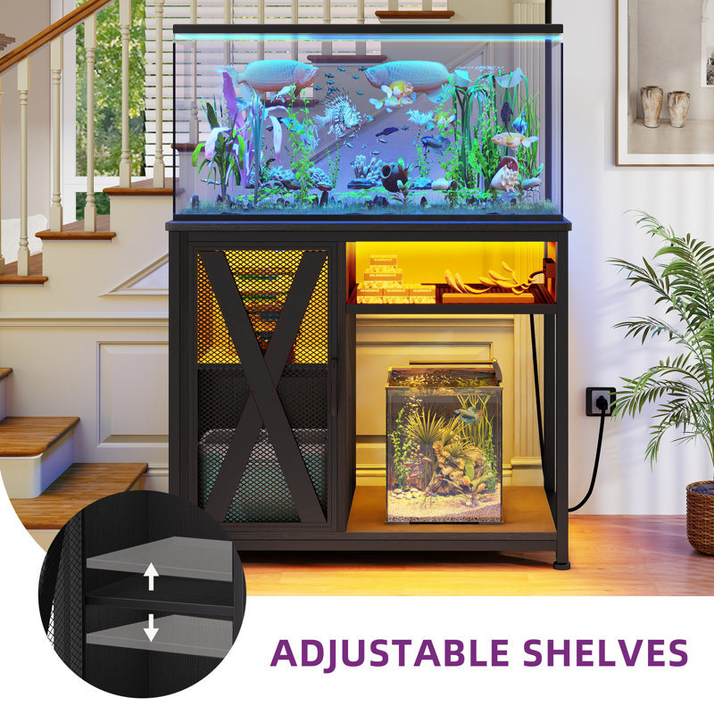 Deshayla Rectangle Aquarium Stand with Power Outlets & LED Light, 50 Gallon, Black