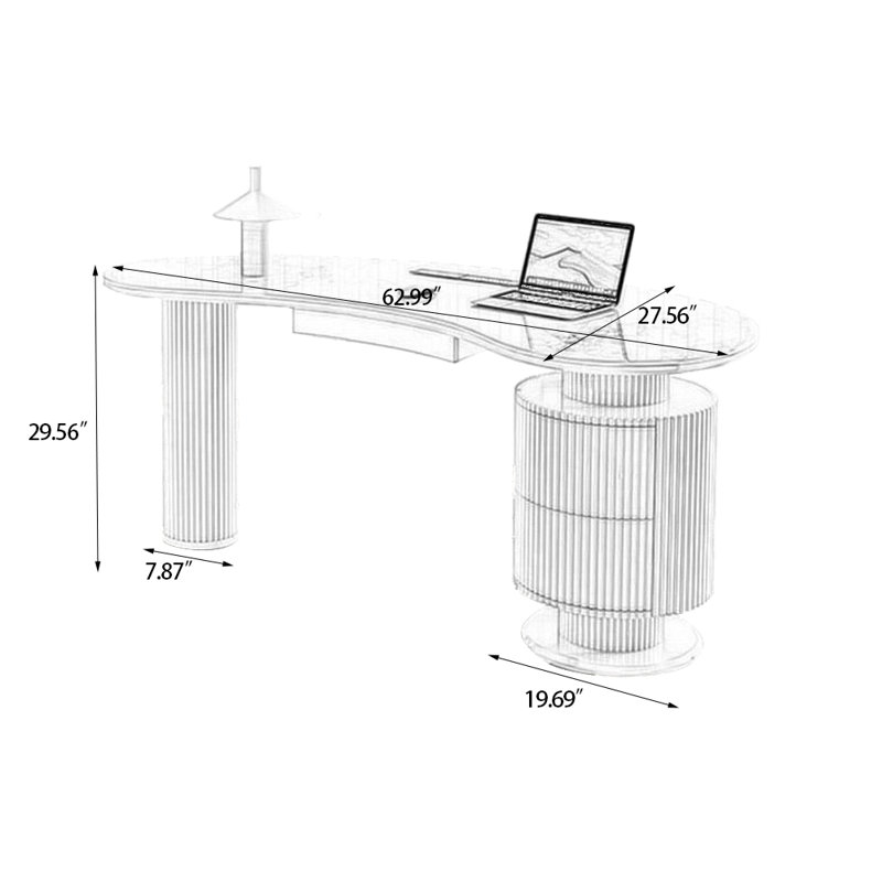 Bureau courbé en cristal fritté + bois manufacturé avec 3 tiroirs, H 29,56 po x l 62,99 po x P 27,56 po, Retour à droite