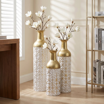 Floor Vase Set of 3, 3D Triangle Geometric Embossed Metal Standing Vases, White & Gold Tall Textured Decorative Vases for Living Room Entryway Home Deco