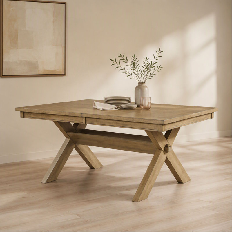 Table de salle à manger extensible Raven Wood à tréteaux avec rallonge, finition vernie - Pied de table