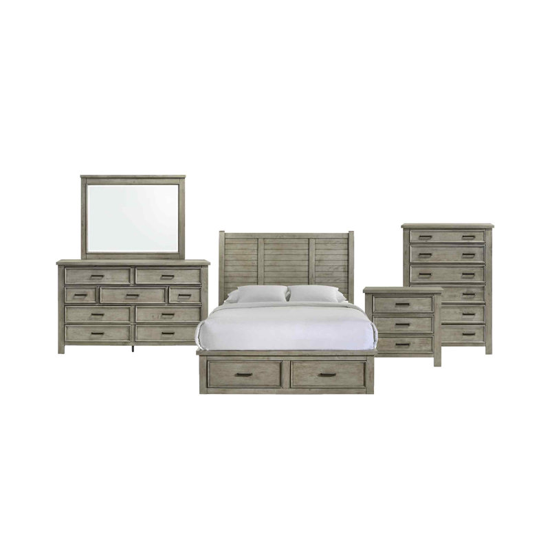 Ensemble de chambre à coucher avec rangement Gracie Oaks Deimy, Gris, Ensemble de trois pièces : lit, commode, table de