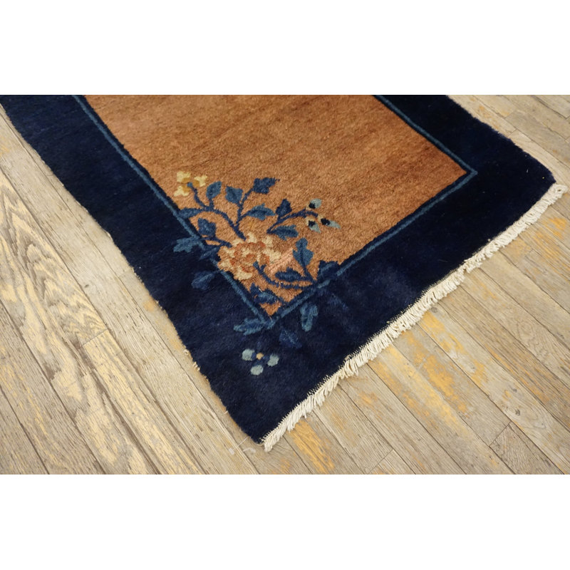 Earthy Brown Antique Chinese Long Wool Pile Floral Hallway Runner Peking Rug